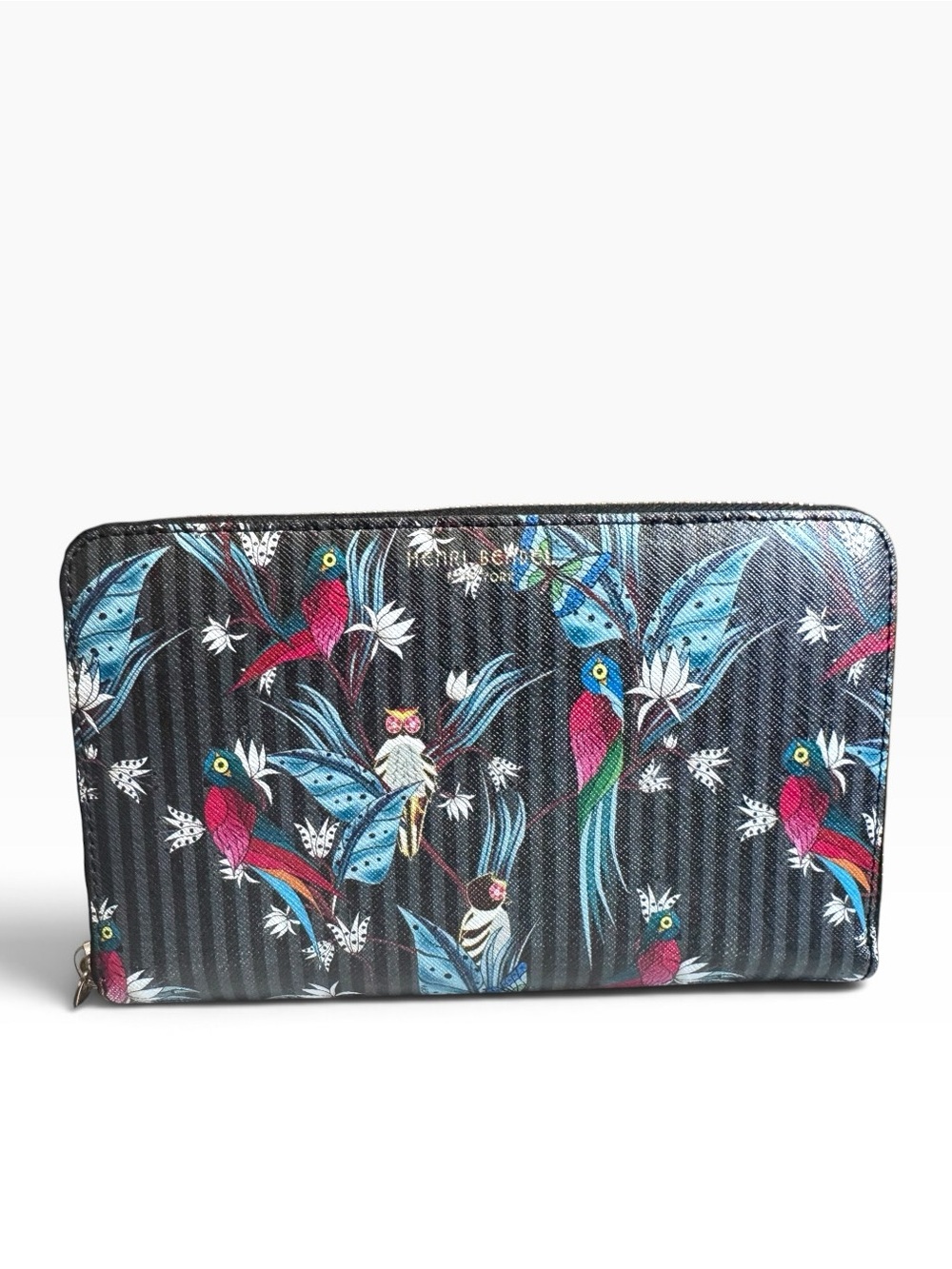 Henri Bendel West 57 Tropical Birds Zip Around Wallet Black